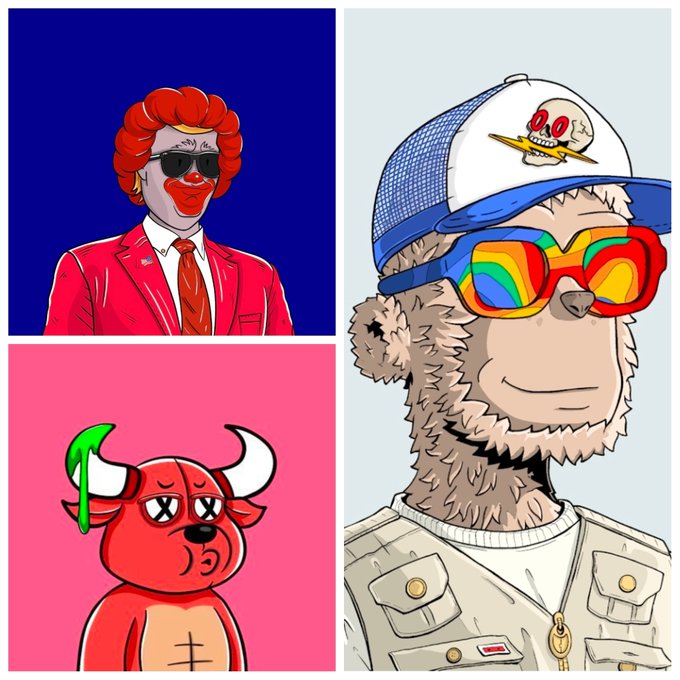 A collage of three NFT-style digital artworks: a Ronald McDonald-like clown in a red suit with sunglasses against a blue background, a red bull character with X eyes on a pink background, and a furry bear character wearing a trucker hat with a skull logo and rainbow ski goggles.