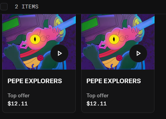 An advertisement for two merchandise items for Pepe Explorers video game, featuring colorful animated graphics of characters from the series. The background color scheme includes shades of purple, blue, green, yellow, red and pink hues. The text in the image is in black, which contrasts nicely with the vibrant colors. It says "Minted Pepe Explorers" and provides a deal to buy both items for $1.11 each if purchased today at this time.