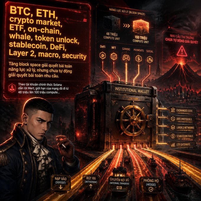 A fiery promotional graphic about cryptocurrency markets featuring text about BTC, ETH, ETFs, whales, tokens, stablecoins, DeFi, Layer 2, macro, and security, along with Vietnamese text discussing Solana's Merk tree and 100 million compute units, accompanied by an illustration of a man beside an institutional wallet.