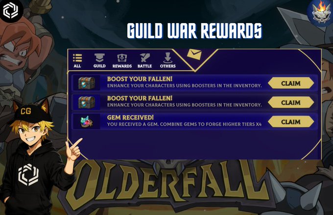 A 'Guild War Rewards' screen from the game 'OLDERFALL' showing claimable boosters and gems, with an anime character wearing a 'CG' cap in the corner.