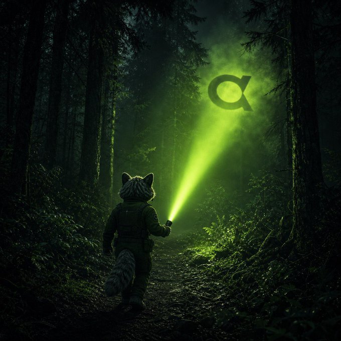 An anthropomorphic fox or raccoon character in military gear walks through a dark forest, shining a green flashlight beam toward a large glowing 'α' (alpha) symbol.