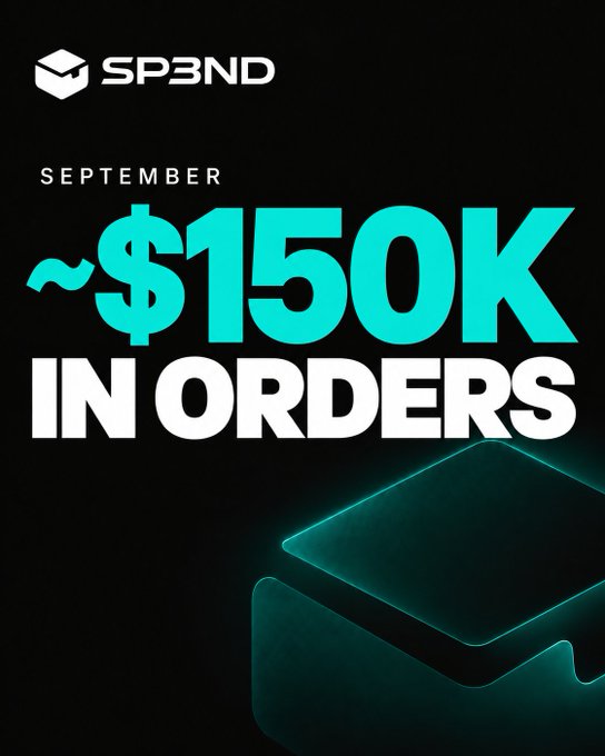 A promotional graphic from SP3ND announcing 'SEPTEMBER ~$150K IN ORDERS' in bright teal and white text on a black background with a glowing box graphic.