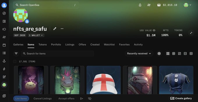A screenshot of the OpenSea profile "nfts are safu" displays a collection of 17,581 items valued at approximately $1.5 million, likely showcasing some of the 23,155 NFTs rescued during the LimitBreak/Magic Eden exploit recovery effort.