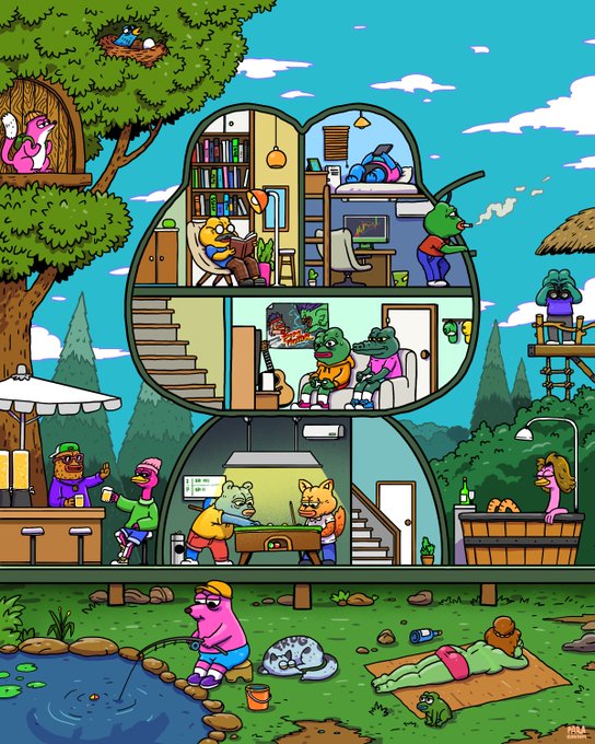 A vibrant cartoon illustration depicts a bustling multi-level treehouse community inhabited by various colorful anthropomorphic animal characters, including frogs, a bear, a mouse, and a fox, each engaged in different activities like reading, gaming, playing instruments, fishing, and relaxing outdoors under a bright blue sky. The scene ties into the post's celebratory "final day of creation" message by showcasing a lively, fully-furnished world that reflects the collaborative passion and creativity behind the project.