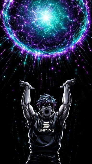 A muscular anime character with glowing purple eyes stands beneath a massive swirling cosmic portal, raising his arms in a triumphant pose while wearing a shirt displaying "GAMING." The radiant energy and explosive visual perfectly capture the "Big Solana Energy" caption, symbolizing powerful, electrifying momentum.
