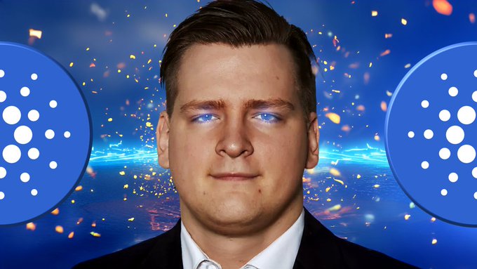 Young man in a suit with glowing blue eyes against a cosmic blue background featuring Cardano (ADA) cryptocurrency logos.