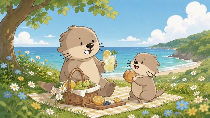 A cheerful illustration of two cartoon otters having a picnic on a beach, with one holding lemonade and the other eating a donut, surrounded by a picnic basket of fruit and wildflowers.