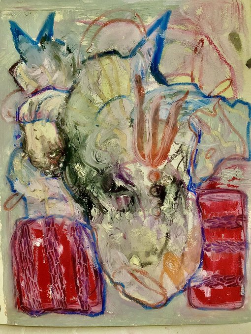 An abstract expressionist painting featuring swirling green, blue, and white forms over red rectangular blocks.