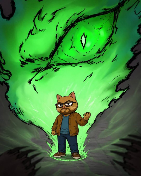 An animated illustration of an anthropomorphic orange tabby cat wearing glasses, a brown jacket, and blue jeans, standing before a glowing green mystical portal with a giant ominous green eye watching from above.