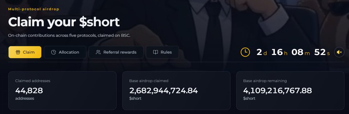 The image displays a multi-protocol airdrop page for claiming $short tokens, with a countdown timer showing 2 days, 16 hours, 8 minutes remaining. The page highlights that 44,828 addresses have claimed so far, with 2,682,944,724.84 $short claimed out of 4,109,216,767.88 remaining on BSC.