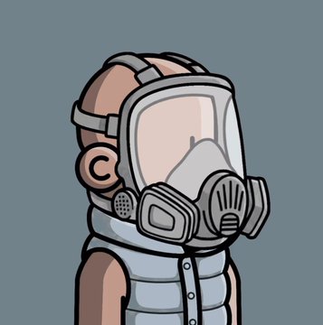 A cartoon illustration of a person wearing a gas mask and gray hooded jacket against a blue background.