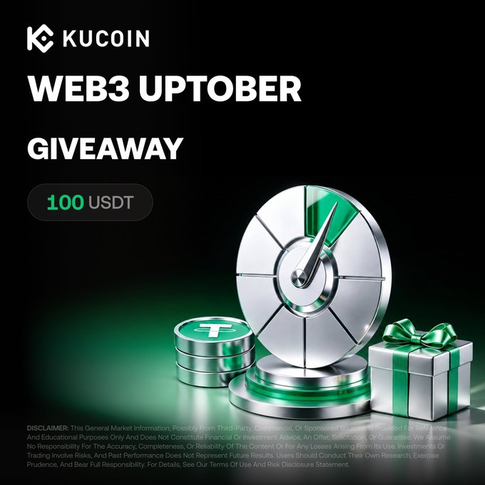 A KuCoin "Web3 Uptober Giveaway" promotion offering 100 USDT, featuring a wheel of fortune spinning on a green-lit pedestal beside stacked USDT coins and a gift box. The image supports the post by visually promoting the giveaway, with the spinning wheel symbolizing the Web3 narrative theme and the prize amount matching the 100 USDT reward mentioned.