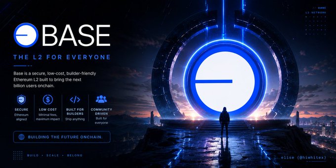 The image shows a promotional graphic for Base, branded as "THE L2 FOR EVERYONE," featuring a futuristic scene with a silhouetted figure standing before a glowing blue circular emblem, highlighting features like security, low cost, builder-friendliness, and community-driven development. It aligns with the post's excitement about Base evolving beyond just speed to take more burdens off developers' plates, reflecting the forward-looking "BUILDING THE FUTURE ONCHAIN" tagline.