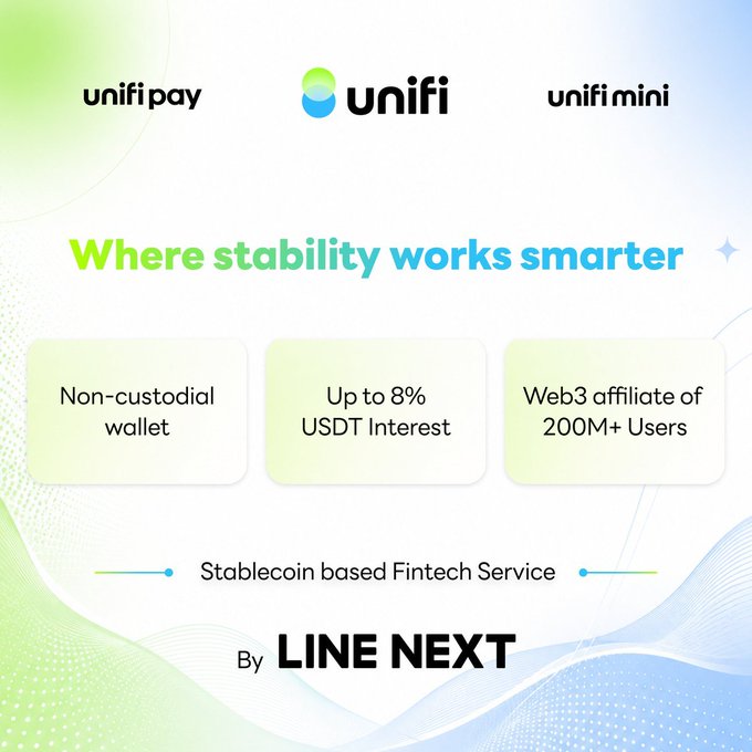 A promotional graphic for Unifi displaying its three product brands (unifipay, unifi, and unifimini) with the tagline "Where stability works smarter," highlighting features like a non-custodial wallet, up to 8% USDT interest, and being a Web3 affiliate of 200M+ users under LINE NEXT's stablecoin-based fintech service—visually reinforcing the post's emphasis on Unifi's streamlined, self-custodial USDT wallet solution for everyday users.