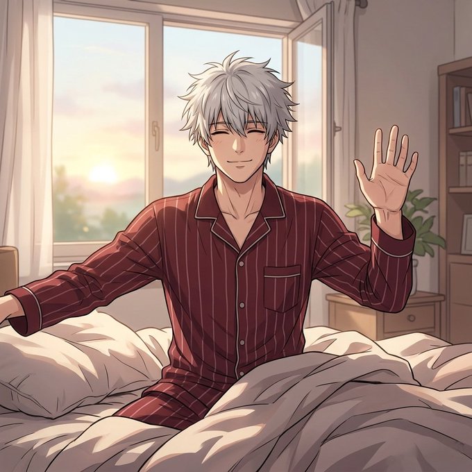 An anime-style young man with silver hair, wearing red striped pajamas, smiles warmly and waves from a cozy bed bathed in morning sunlight. The image perfectly captures the post's uplifting message of fresh starts and showing up, as the character embraces the dawn of a new day with optimism and readiness.