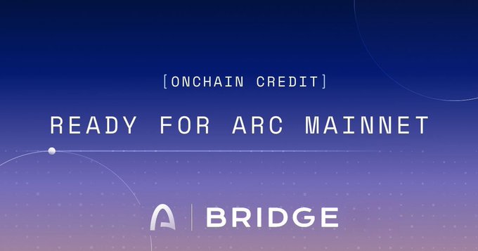 A promotional graphic with a blue-to-purple gradient background displays the text "[ONCHAIN CREDIT]" and "READY FOR ARC MAINNET" above the "BRIDGE" logo, introducing a tutorial on configuring wallets for the ARC network with Chain ID 5042.