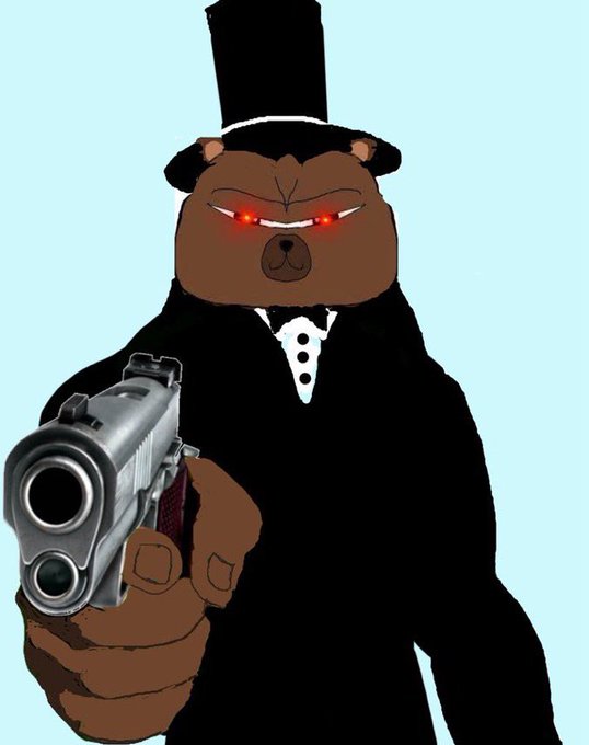 A cartoon illustration depicts a brown bear wearing a black top hat and tuxedo with a bow tie, pointing a silver handgun forward with glowing red eyes.