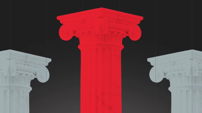 A graphic showing three classical columns, with the center column highlighted in red against two white columns on a dark background.