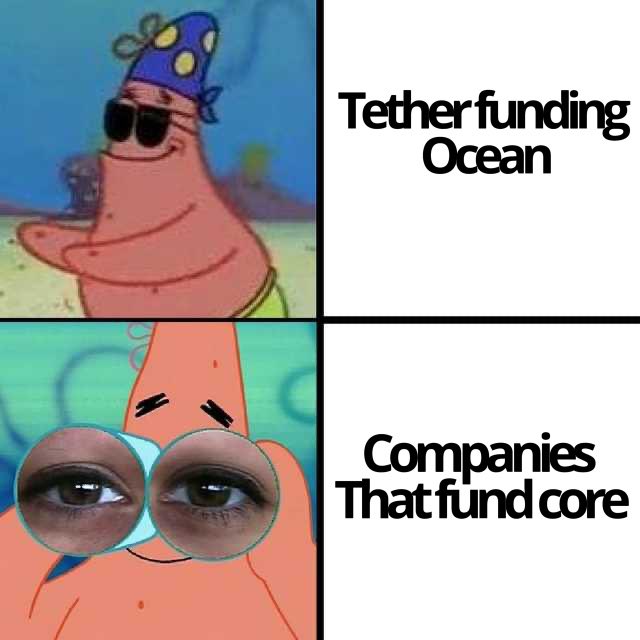 Two-panel Patrick Star meme labeling 'Tether funding Ocean' (Patrick with a hat and sunglasses) and 'Companies That fund core' (Patrick with human eyes), mocking Tether's funding practices.