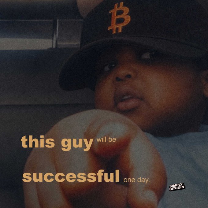 The image features a young boy wearing a cap with the Bitcoin logo, with text reading "this guy will be successful one day. SIMPLY BITCOIN". This implies the boy's future success is linked to Bitcoin.