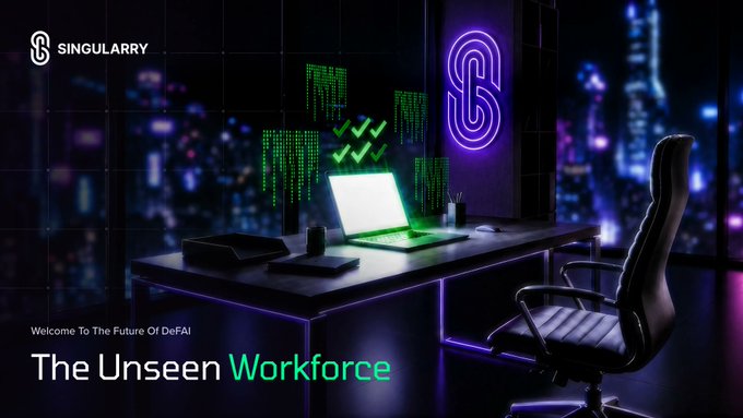 Singularty promotional banner reading 'Welcome To The Future Of DeFAI — The Unseen Workforce,' featuring a neon-lit desk scene with a cityscape backdrop.