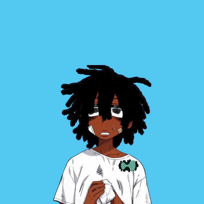 An illustration of a young person with dark skin and black dreadlocks, wearing a white t-shirt with patches, looking concerned with a bandage on their cheek, against a blue background.