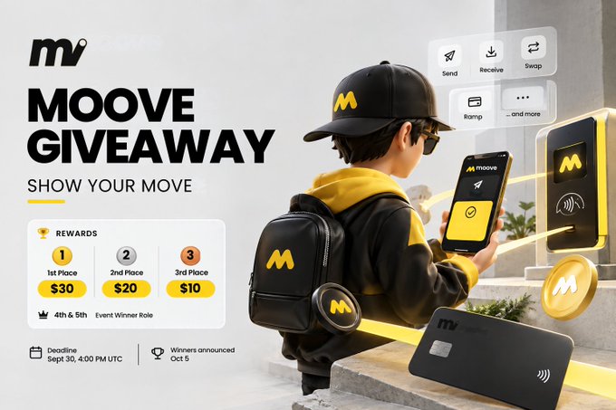 A promotional graphic for a 'MOOVE GIVEAWAY' event with a rewards tier of $30, $20, and $10, and a deadline of Sept 30, 4:00 PM UTC.