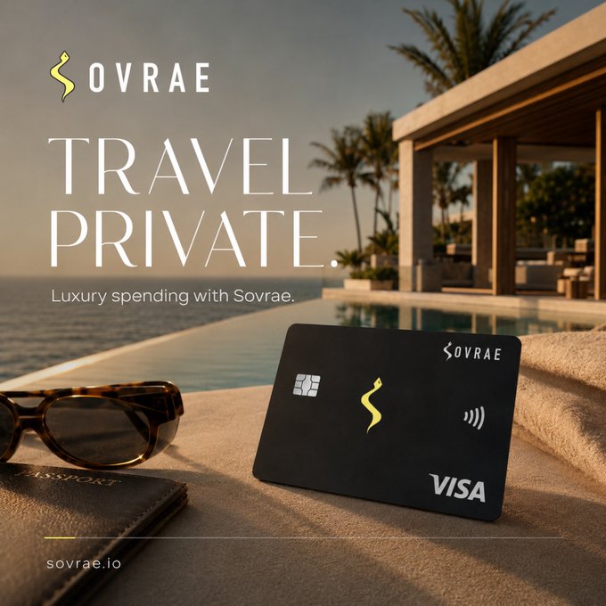 An advertisement for a Sovrae Visa credit card promoting 'TRAVEL PRIVATE. Luxury spending with Sovrae,' showing the card alongside sunglasses and a passport at a luxurious beachside pool.