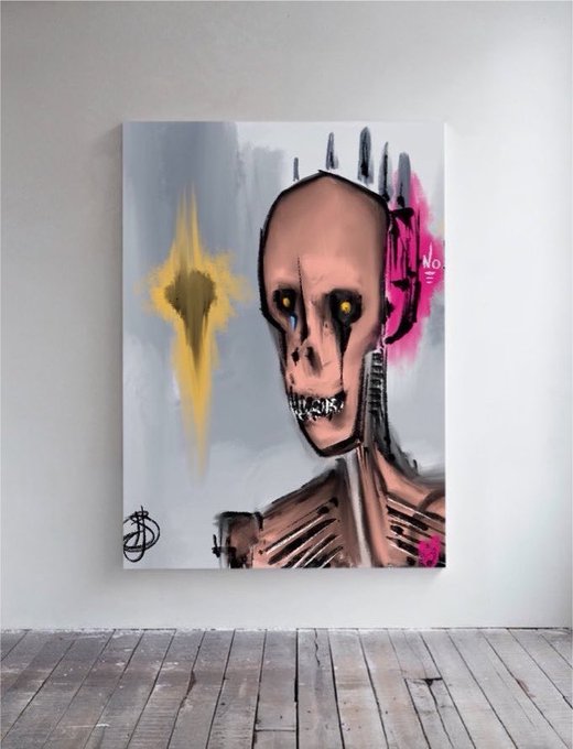 A haunting, handmade digital painting of a skeletal figure with piercing yellow eyes is displayed as a canvas in a minimal room with wooden floors, featuring a stylized "B" signature in the corner and small text reading "NO" near its ear. The piece complements the artist's cheerful "Good Morning/Afternoon, happy hump day" message by showcasing their signature dark, emotive artwork style in a real-world mockup setting.
