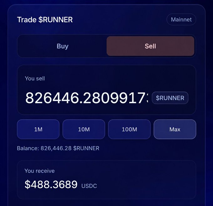 A cryptocurrency trading interface showing a Sell order of 826446.2809917 $RUNNER for $488.3689 USDC, with a balance of 826,446.28 $RUNNER and quick-select buttons for 1M, 10M, 100M, and Max.