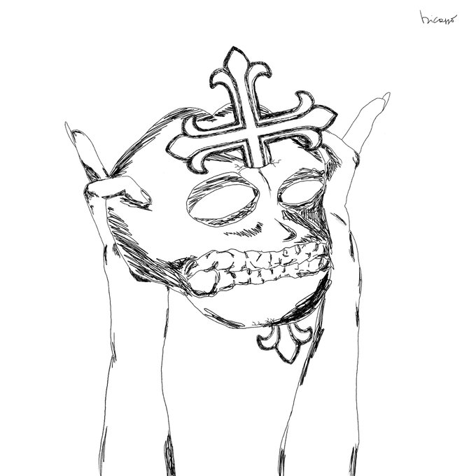 A rough ink sketch of hands holding up an ornate mask decorated with a fleur-de-lis cross, signed 'Kicays' in the upper right.