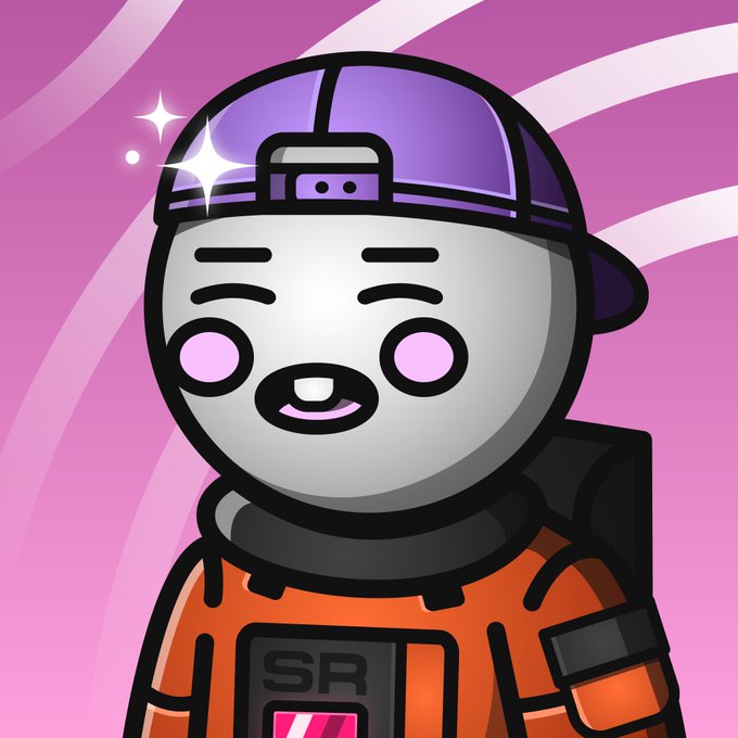 The image features a cartoon character wearing an orange jumpsuit with the letters "SP" displayed prominently across their chest. The character has a black helmet, a purple baseball cap, and appears to be smiling. The background of the image is pink, which complements the overall color scheme of the character's outfit. There are also stars scattered throughout the image, adding a touch of whimsy to the scene. The post includes text that reads "They say the Space Riders community is big and welcoming. Guess it’s time to test that. Will you accept me into the family? Clean traits, stupidly strong vibe and this little purple cap that destroys everything."