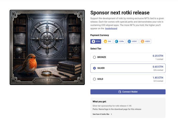 The image shows a screen with information related to an online platform where people can create or buy digital art. The main focus of the image, which appears to be a description of the rotki release, highlights that every rotation has sponsors' NFTs tied to it. This means that for each spin of the wheel, there is a corresponding payment in ether or tokens, which are used by the creators and owners of the artworks. Additionally, the post mentions that the art on this platform is adorable and can be found in v1.44. It also encourages people to share the post with their friends who have not yet purchased artwork from rotki release. The image provides a glimpse into how users interact with the online marketplace, enabling them to support artists by purchasing digital artworks directly from the platform.