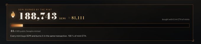 A progress tracker showing '$EMI BURNED BY THE MINT' at 188,743 $EMI (~$1,111), with a bar nearly full and noting 11 of 665 public Seraphs minted, bought with 0.44 ETH of mints.