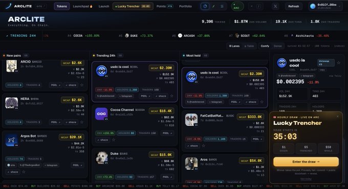 An ARCLITE meme coin launchpad dashboard showing market caps for trending tokens like ARCOID ($2.6K), usdc is cool ($2.39K), HERA ($2.6K), and COCO ($16.4K), with an active 'Lucky Trencher' countdown timer at 35:03.