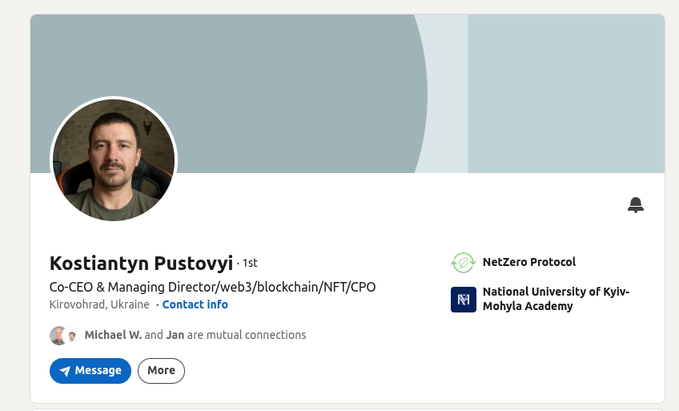 A LinkedIn profile card for Kostiantyn Pustovyi, Co-CEO & Managing Director at NetZero Protocol and affiliated with National University of Kyiv-Mohyla Academy, based in Kirovohrad, Ukraine. The profile appears to be the source of a post warning followers that the account was hacked, lending credibility to the warning as it comes from a self-identified experienced blockchain developer.
