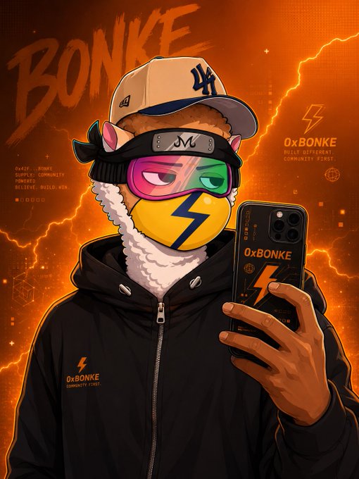 An illustration of a llama character wearing a New York Yankees cap, ski goggles, and a hoodie with '0xBONKE' branding, holding a smartphone also displaying the '0xBONKE' logo against an orange lightning background.