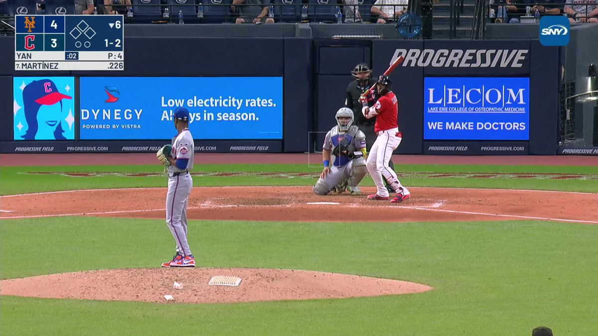 A baseball game at Progressive Field shows the Mets leading the Guardians 4-3 in the bottom of the 6th inning, with pitcher Yan on the mound facing batter J.D. Martinez (7th) in a 1-2 count, likely highlighting Martinez's potential to tie or take the lead for Cleveland.