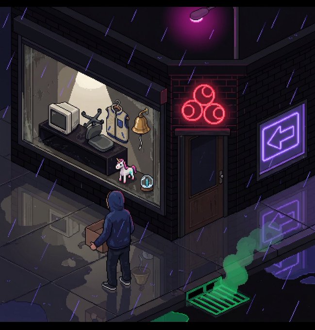 An isometric pixel art scene depicting a hooded figure in a blue jacket looking at a shop window displaying various items including a computer, bell, and unicorn, while green smoke rises from a manhole cover outside in the rain.