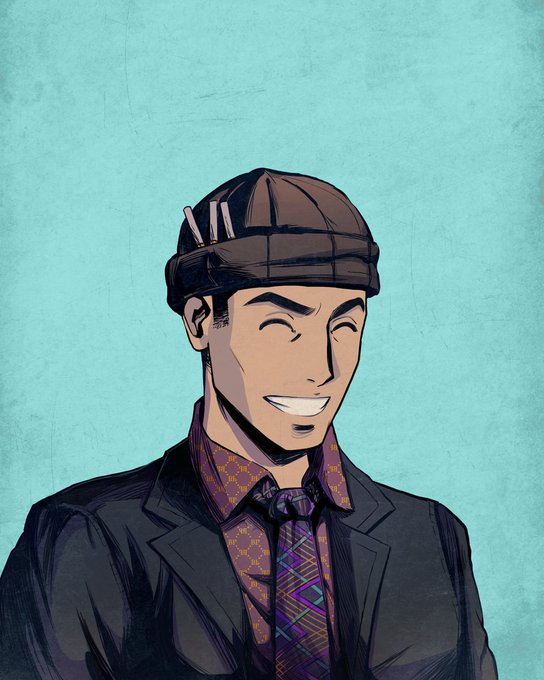 Anime-style illustration of a smiling young man wearing a brown cap and dark suit against a teal background.