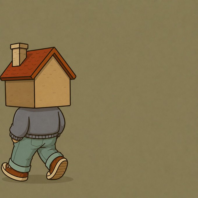 A small illustrated figure walks toward the left side of the frame, carrying a house on its head and wearing a gray sweater with green pants. The empty right side of the image visually reinforces the "Left" caption, emphasizing the direction of movement with minimal background distractions.