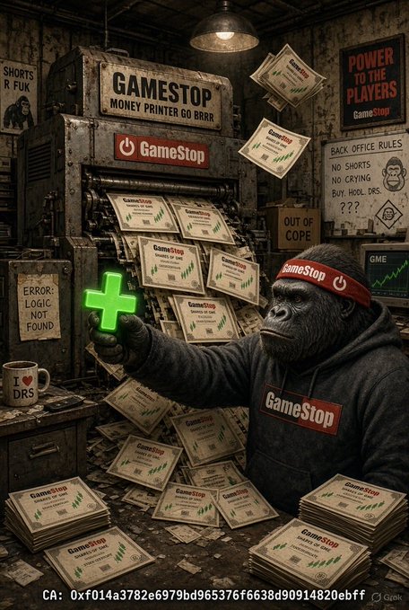 A surreal AI-generated image of a gorilla wearing a GameStop hoodie and headband giving a green thumbs-up in a warehouse full of GameStop stock certificates, with humorous signs reading 'GAMESTOP MONEY PRINTER GO BRRR', 'POWER TO THE PLAYERS', 'BACK OFFICE RULES: NO SHORTS, NO CRYING, BUY. HOOL DRS. ???', and 'ERROR: LOGIC NOT FOUND'.