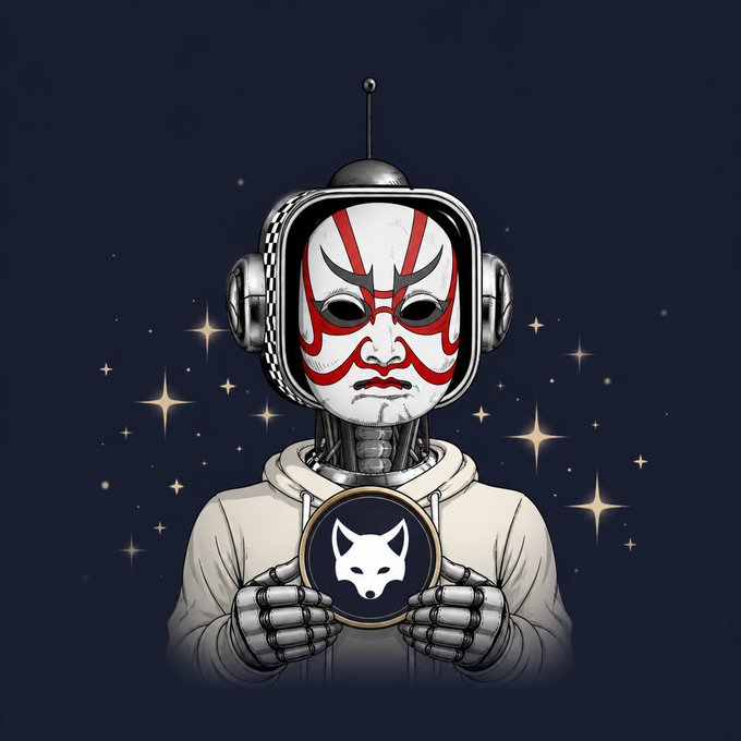 Digital illustration of a robot wearing a Kabuki-style mask and headphones, holding a circular emblem with a fox/wolf face against a starry background.