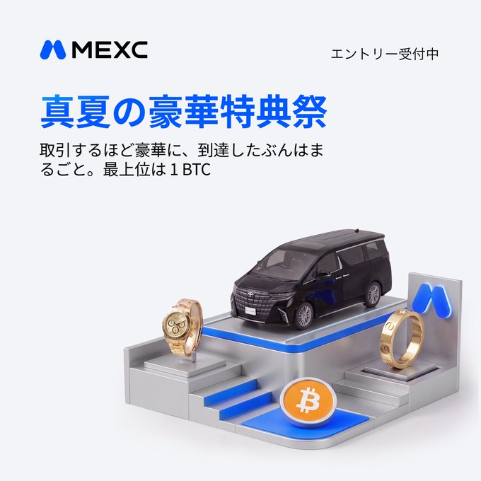 The image is a MEXC cryptocurrency exchange promotional graphic for the "真夏の豪華特典祭" (Midsummer Luxury Bonus Festival), featuring a display with a Toyota minivan, gold watches, rings, and a Bitcoin token as prizes. The text indicates the campaign runs until August 13 (Thursday) at 17:00 JST, rewarding users based on futures trading volume with up to 1 BTC as the top prize across 12 tiers.