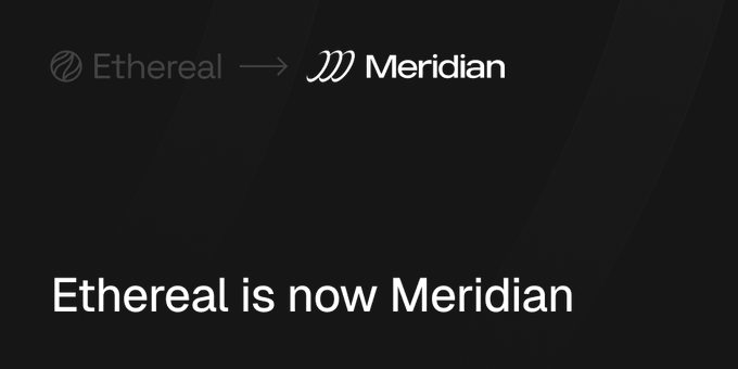 The image shows two logos side by side, one for Ethena and another for Meridian. The text "Ethereal is now Meridian" is displayed below both logos. This suggests that there might be a connection between the two brands or they are being compared in some way. However, it's unclear whether this comparison is genuine or if it's just a rebranding decision by Ethena to align with the new name of Meridian. The image does not provide enough information to determine the authenticity of the relationship between the two brands.