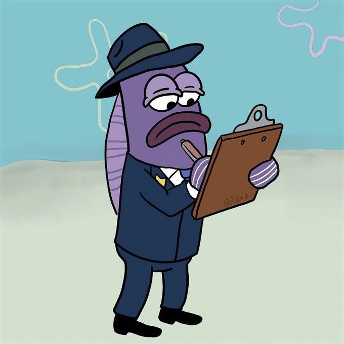 A cartoon illustration of a purple fish character wearing a black fedora and suit, writing on a clipboard with a stern expression.