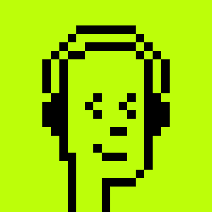 A pixel art avatar on a bright yellow-green background depicting a character wearing headphones with a neutral facial expression, likely serving as the visual identity for the "Wallet Checker" NFT drop. The image ties directly to the announcement by providing the recognizable branding for the upcoming mint, where participants are instructed to drop their ETH wallet to participate on August 10th.