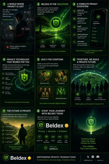 A Beldex cryptocurrency promotional infographic with 8 sections explaining their privacy-focused digital cash system, privacy technology features, and ecosystem, ending with 'START YOUR JOURNEY WITH BELDEX TODAY'.