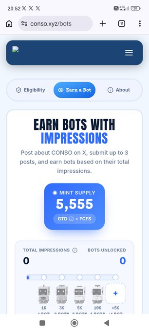 A mobile screenshot of the conso.xyz/bots website displaying a mint supply of 5,555 and a prompt to 'EARN BOTS WITH IMPRESSIONS' by posting about CONSO on X.