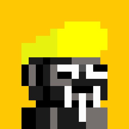 A pixel art image of a character with yellow hair and glasses on a solid orange/yellow background.